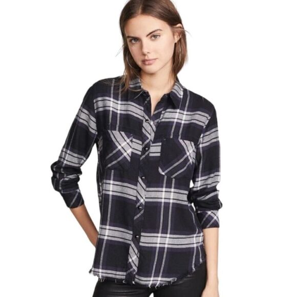 Rails Tops - RAILS Women’s Leo Snap Front Plaid Flannel Shirt Black/White Size Small